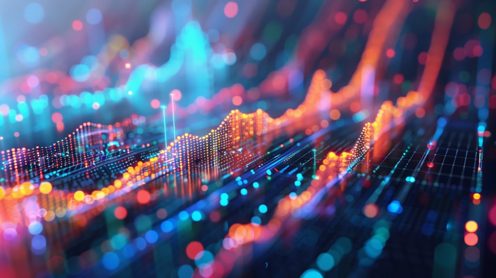 Digital landscape of vibrant 3D data analysis visualization with