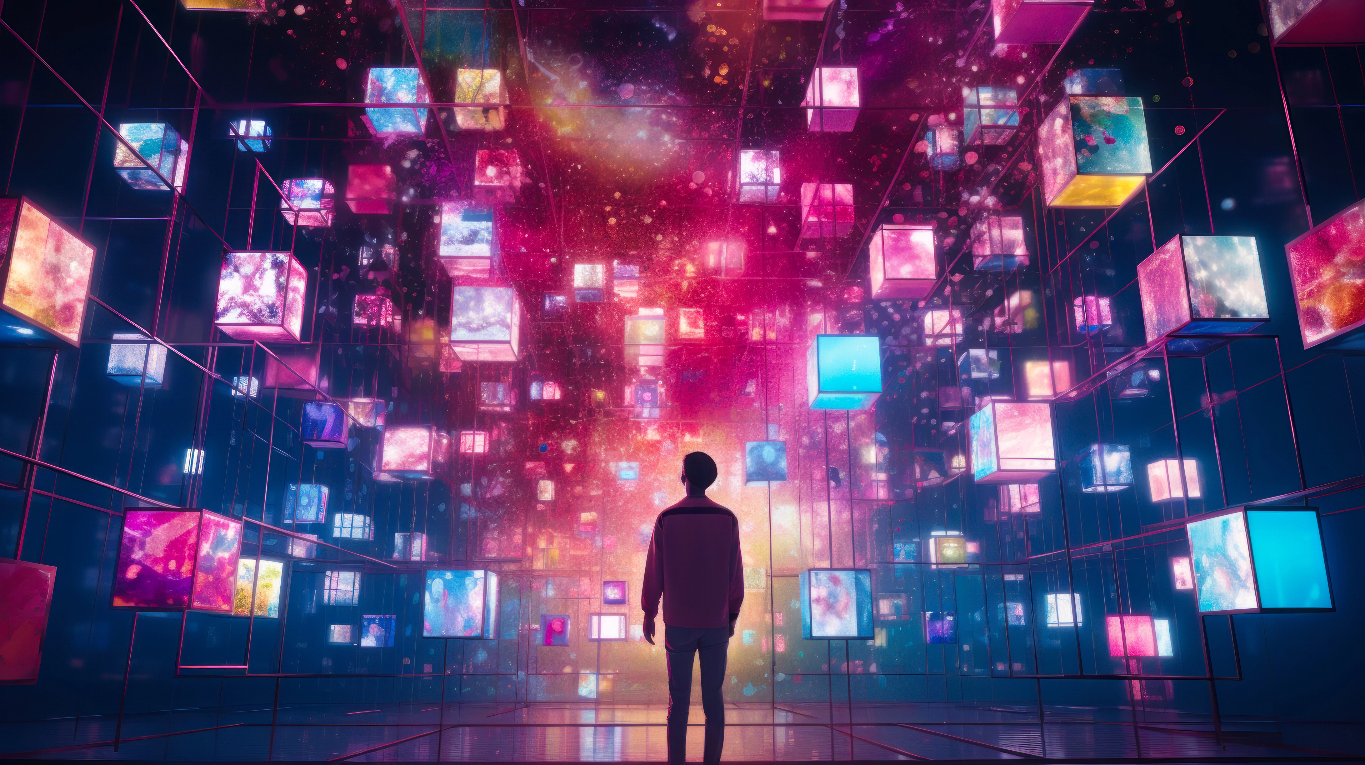 A person viewing colorful digital nodes