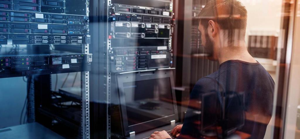 Man working on a server rack